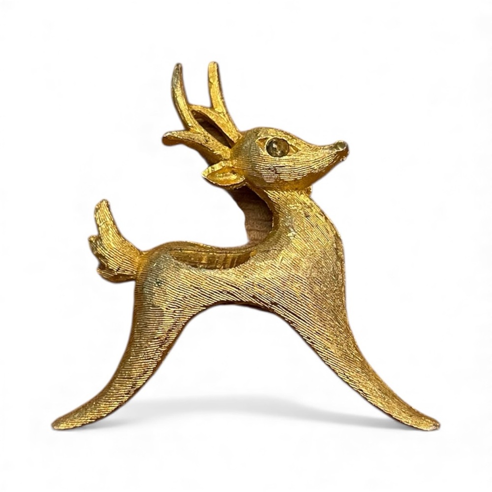 Vintage Mamselle Christmas Reindeer Brooch Pin Brushed Gold Tone Rhinestone Eye